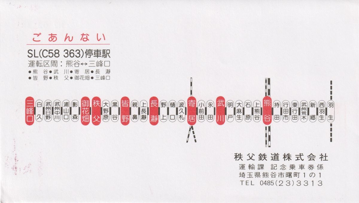 K267.『秩父鉄道 SL（C58 363）記念乗車券』1988年（昭和63年）【SL 蒸気機関車】_画像4