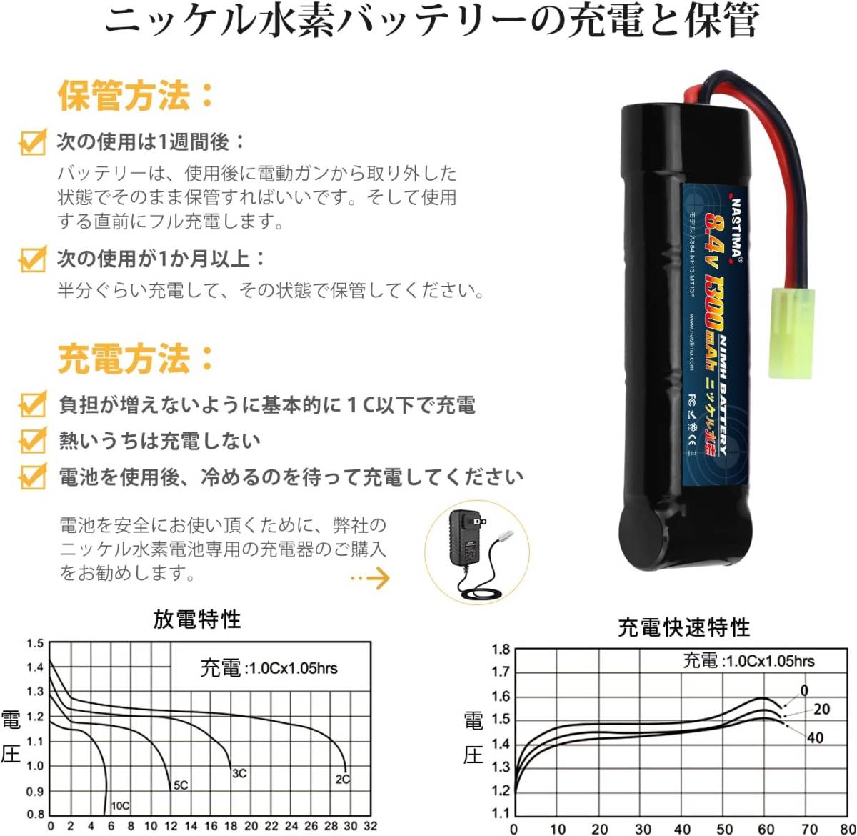 NASTIMA 電動ガン バッテリー 8.4V 1300mAh エアガン ニッケル水素バッテリー【2個セット】東京マルイ対応 次世_画像5