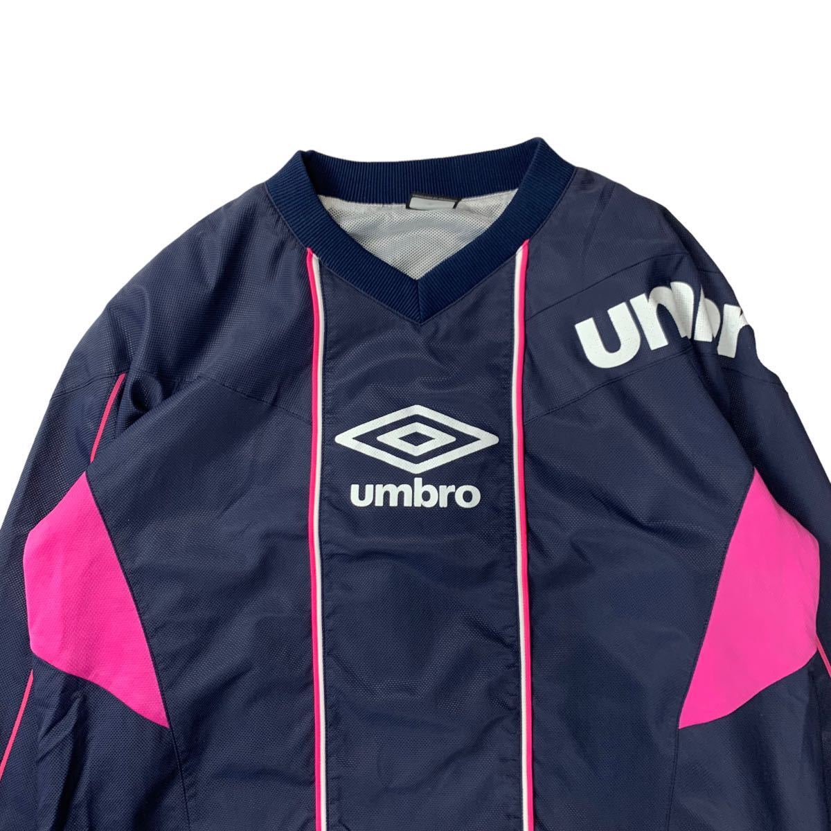 美品 UMBRO アンブロ ウィンドブレーカー 長袖 ピステ プルオーバー サッカー ネイビー ピンク ナイロン Lサイズ 裏メッシュ _画像3