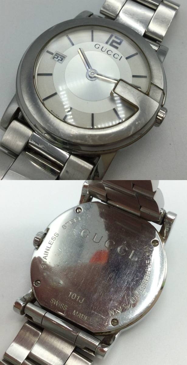 J6★【QZ/電池交換済み】2点セット GUCCI グッチ 101J 101L ペア 腕時計 クォーツ メンズ レディース 純正ブレス 現状品 ★ _画像9