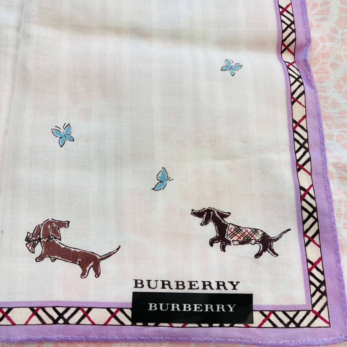 【希少】新品/BURBERRY/女の子/大判ハンカチ/正規品/綿100%/未使用/匿名発送/バーバリー/ノバチェック/女性/スカーフ/犬/ダックス/紫/白508_画像4