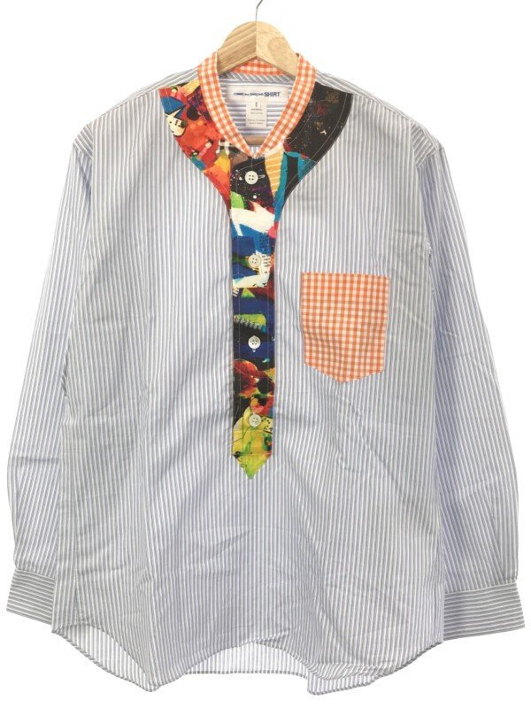 COMME des GARCONS SHIRT コムデギャルソンシャツ 13SS ノーカラーパッチワークストライプシャツ S21029 ブルー S ITNVBM6VYA68