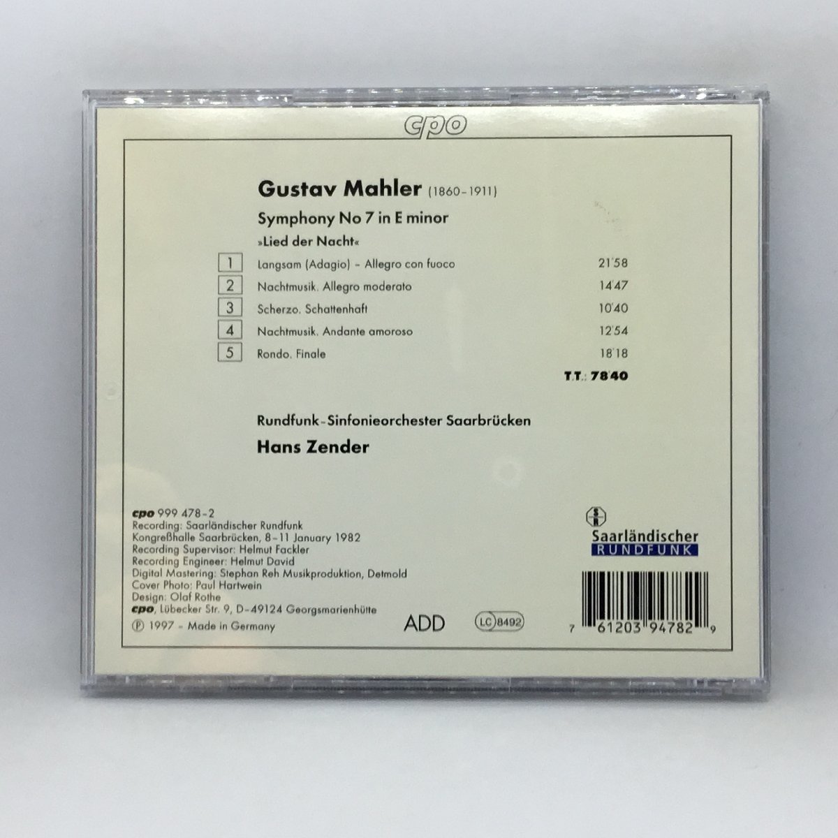 ハンス・ツェンダー HANS ZENDER / マーラー：交響曲 第7番 (CD) CPO 999478-2_画像2