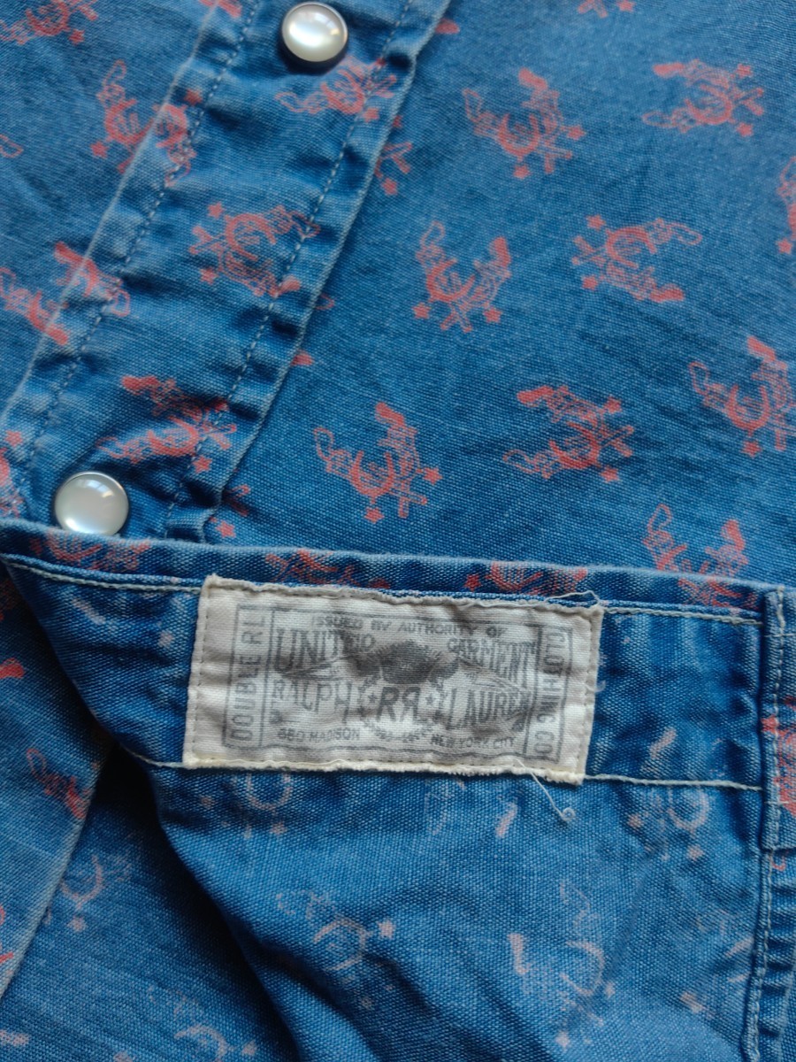 名作 RRL printed western shirt インディゴ ウエスタンシャツ 藍染 蹄 銃 アメリカン ガンマン カウボーイ ラルフローレン Vintage 古着 _画像5