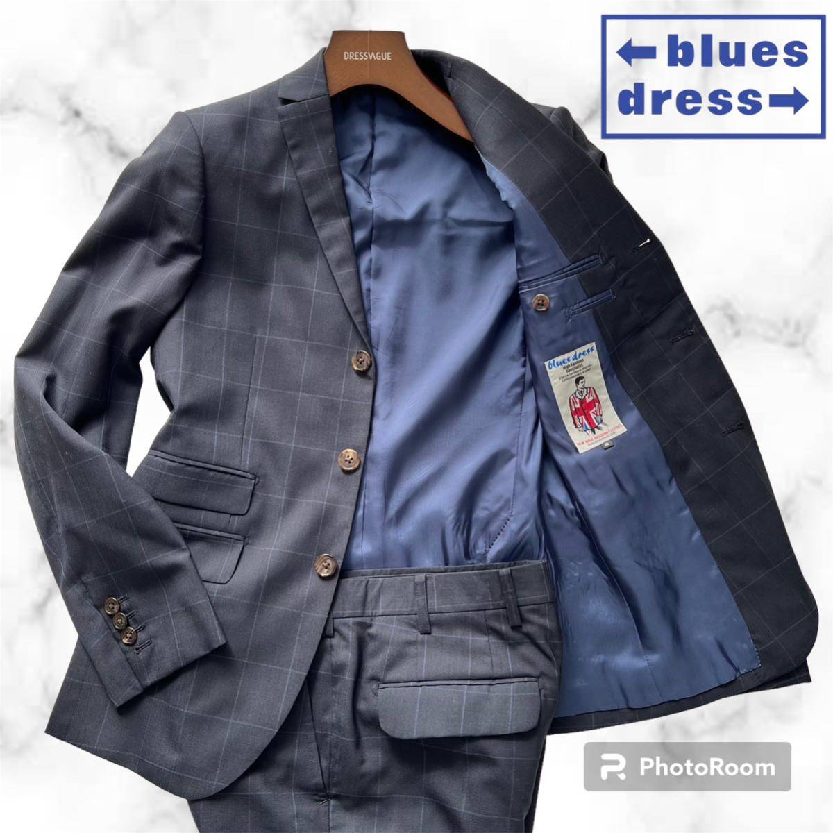 極美品最高級【贅の極み】 blues dress セットアップ モッズスーツ ネイビー 紺 濃紺 テーラードジャケット チェック ビジネス パーティ_画像1