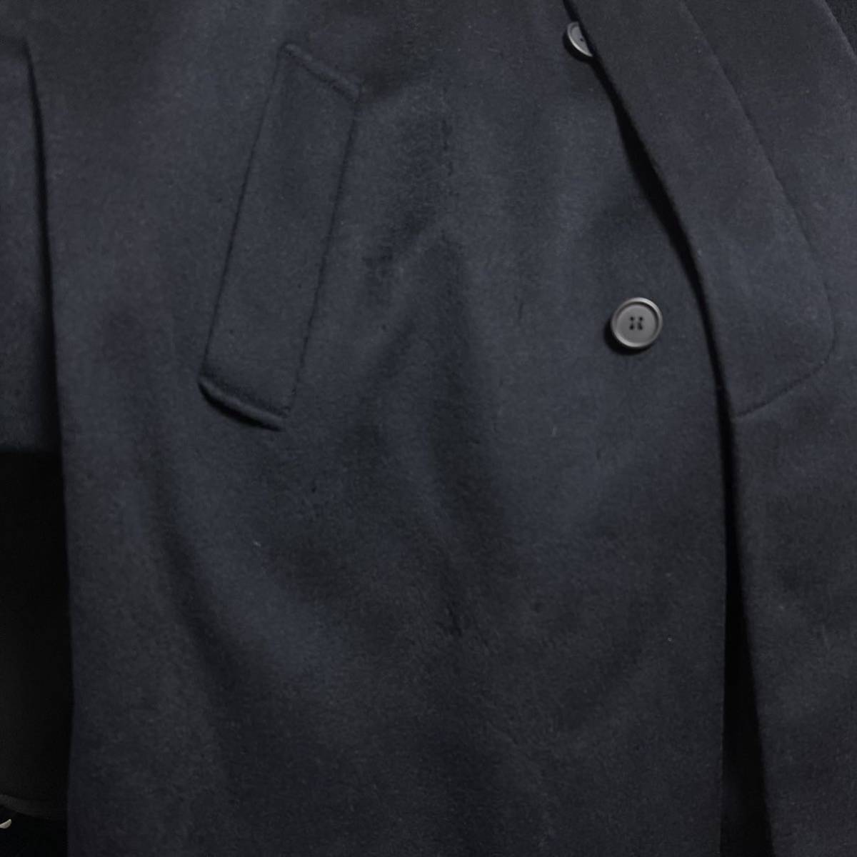 最高級品美品 カシミア 100% ロングコート ステンカラーコート 黒 ブラック 比翼ボタン カシミヤ スーツ ビジネス チェスター Lサイズ_画像7