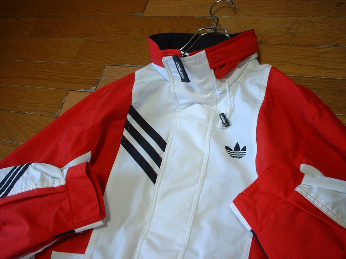 お宝80sビンテージadidasビッグシルエットナイロンジャケット美品M正規アディダスVintageジャージトラック白赤ビッグロゴデカトレフォイル_画像6