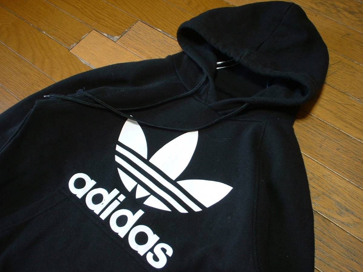 大人気adidas ORIGINALSビッグトレフォイルスウェットパーカーM黒ブラックx白ホワイト正規アディダスオリジナルス三ツ葉フーディトレーナー_画像5