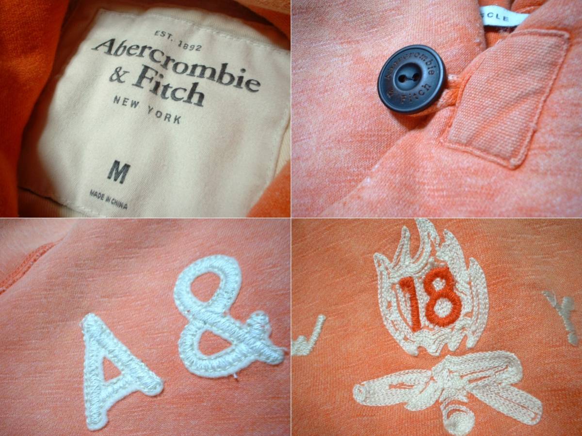 Abercrombie & FitchアーチロゴビンテージスウェットパーカーMサーモン正規アバクロンビー&フィッチフーディフーデッドジャケットA&F_画像3