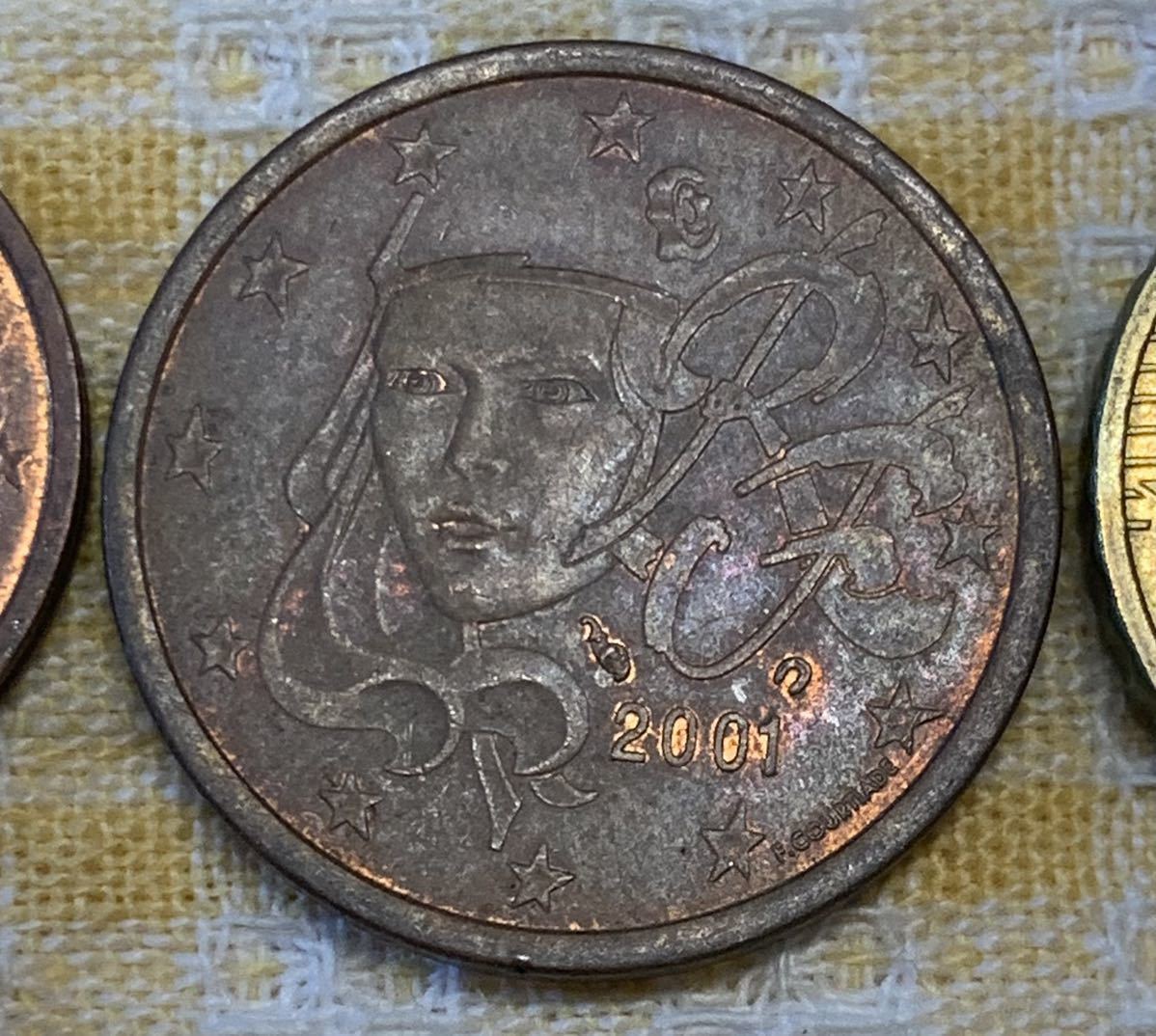 ● 【中古】ユーロセント　フランス発行　1、2、5、10ユーロセント　計6枚2001〜2014年　硬貨　コイン_画像4