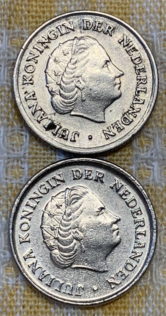 ● 【中古】オランダ王国 Nederlanden 　10セント　ニッケル貨　硬貨2枚　コイン、古銭（1958年）含む、ユーロ発行前、ユリアナ女王時代_画像2