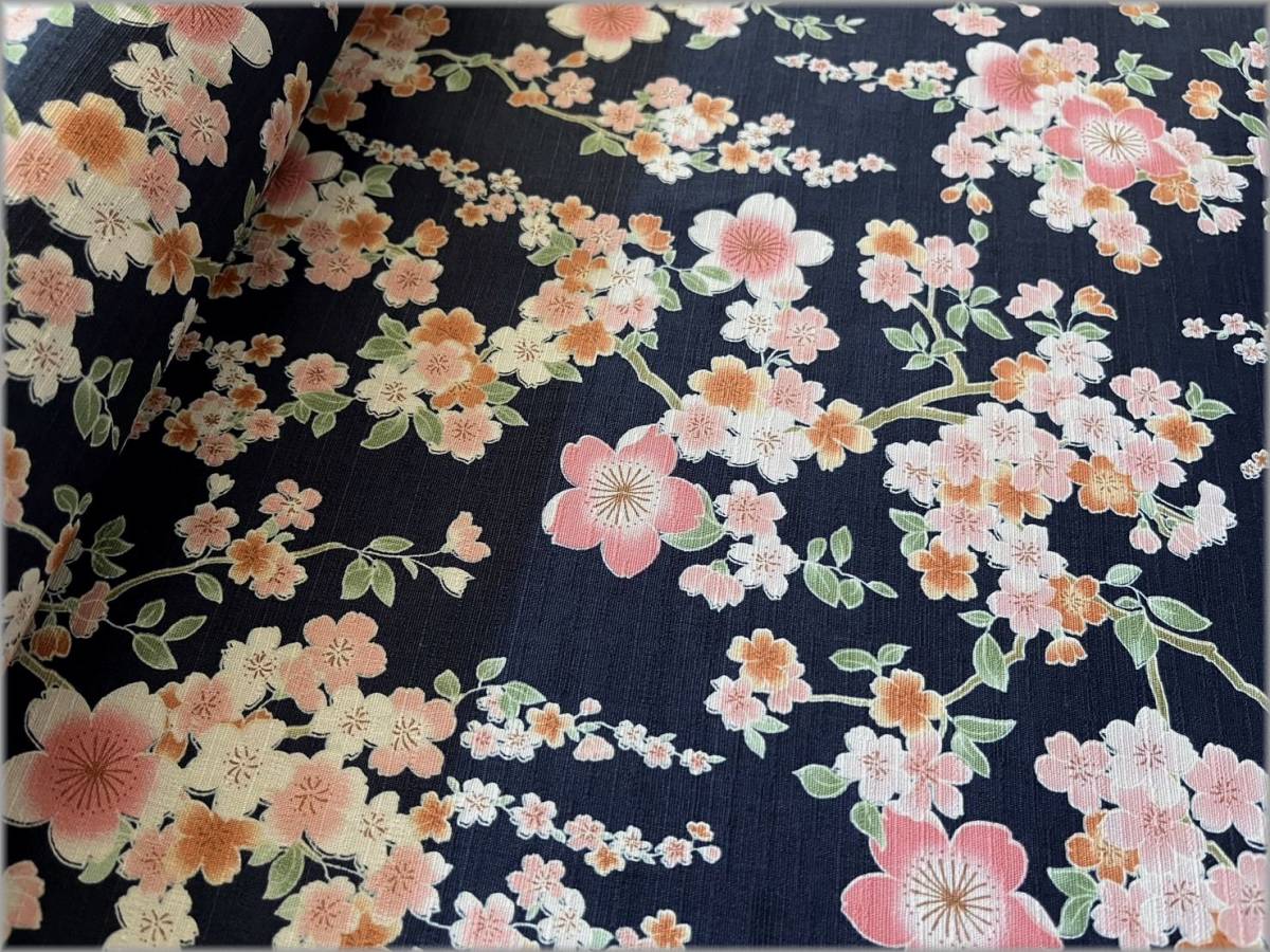 mets★計4.7m*さくら桜*和柄シャンタン*navy*コットン*生地63D_画像8