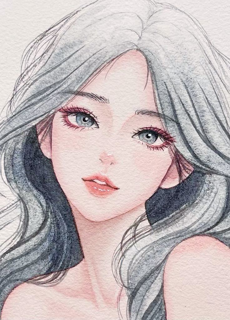 手描きイラスト 水彩原画 ロングヘアの女の子158 絵画 手描きイラスト 水彩原画 ロングヘアの女の子158 絵画