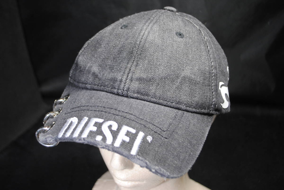 /の797.DIESEL ブラックデニム ウォッシュ キャップ 帽子 ダメージ加工 ファイア ロゴ刺_画像2