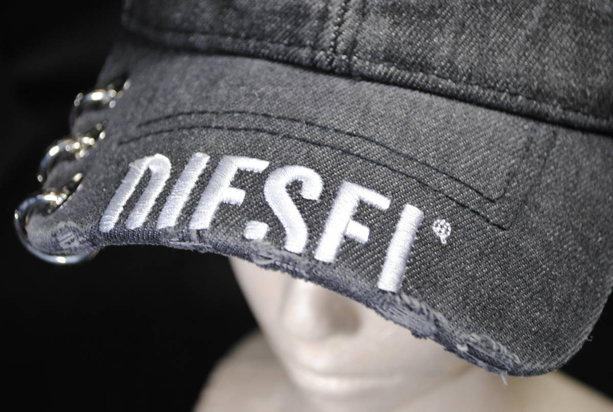 /の797.DIESEL ブラックデニム ウォッシュ キャップ 帽子 ダメージ加工 ファイア ロゴ刺_画像3