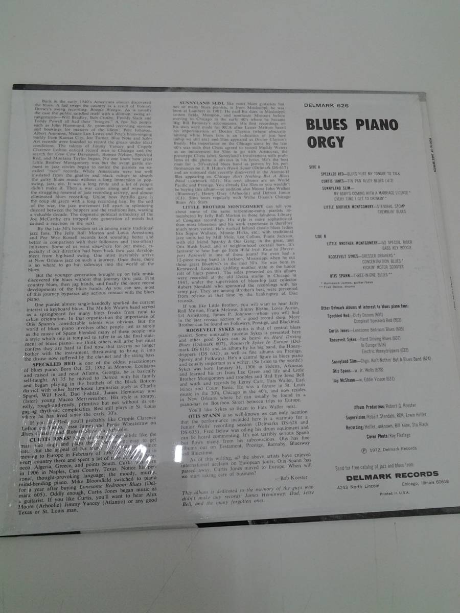 LP　レコード盤　BLUES PIANO ORGY　ブルース　ピアノ　アンソロジー　DELMARK　1972年_画像2