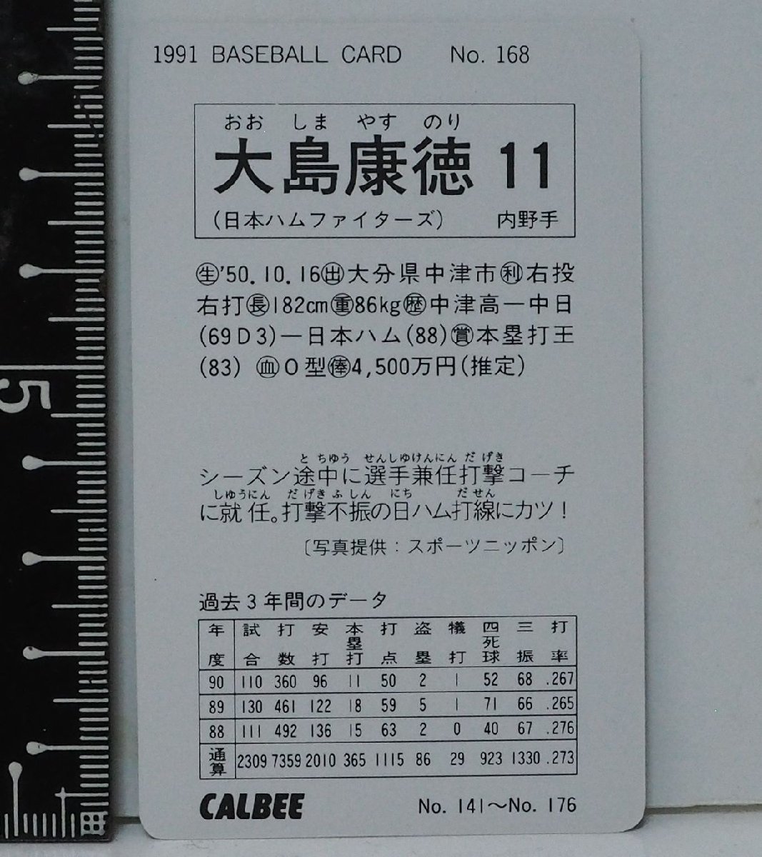 91年カルビー プロ野球カード No.168【大島 康徳 内野手 日本ハム ファイターズ】平成3年 1991年 当時物 Calbeeおまけ食玩BASEBALL【中古】_画像２