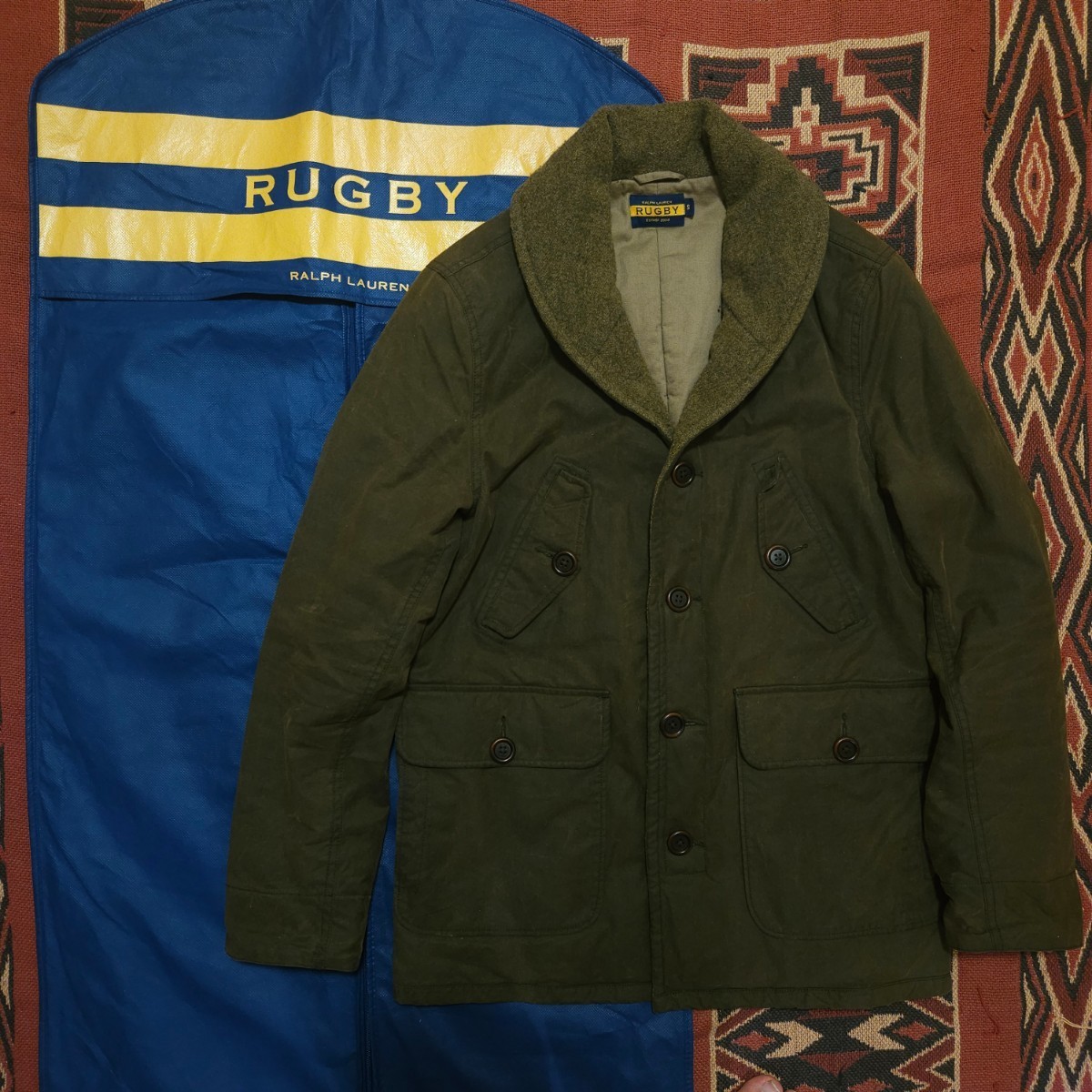 【激渋】 Ralph Lauren Rugby Oiled Shawl Collar Coat 【S】 ラグビー オイルド ショールカラー コート カーキ 肉厚 1940s 深緑 RRL _画像1