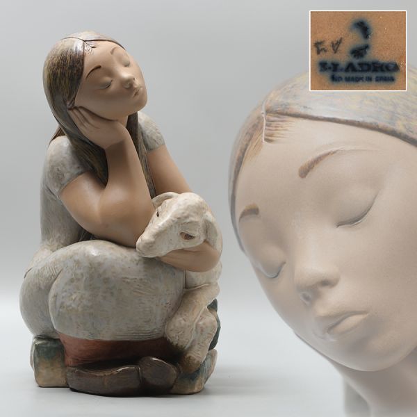 W860.◆大型作品◆ リヤドロ LLADRO 少女と山羊 フィギュリン 陶器人形 置物 高さ45.5cm / 陶製人形リアドロ_画像1