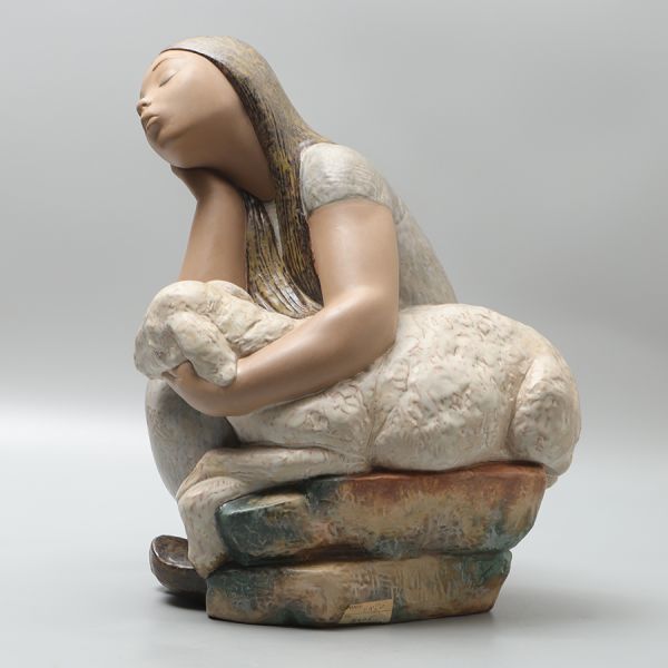 W860.◆大型作品◆ リヤドロ LLADRO 少女と山羊 フィギュリン 陶器人形 置物 高さ45.5cm / 陶製人形リアドロ_画像2