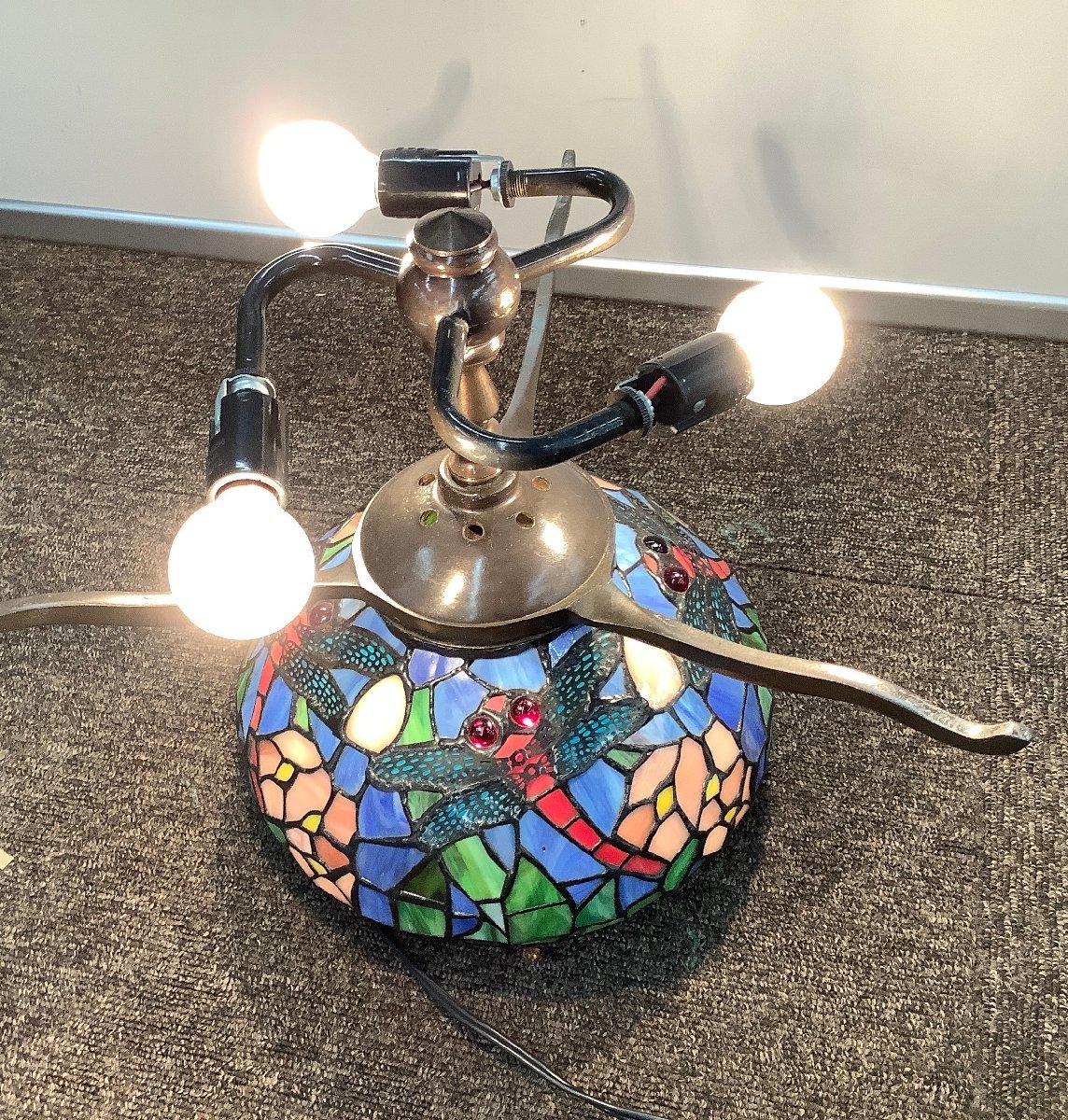 [ Vintage ] rare stained glass lighting * Tiffany manner?*... pattern antique size total height 43× overall width 45. Dragonfly 