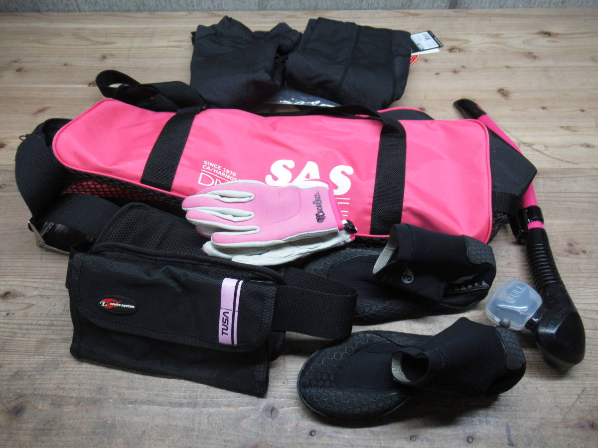 軽機材セット SAS GULL TUSA メッシュバッグ 手袋 Sサイズ 靴 24cm シュノーケル ウェイトベルト バッグ ヒートパンツ 管理5MS1115C12