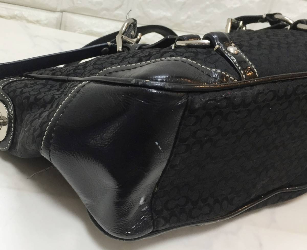 no18274 COACH コーチ F12346 シグネチャー レザー キャンバス 肩掛けショルダー トート バッグ ☆_画像5