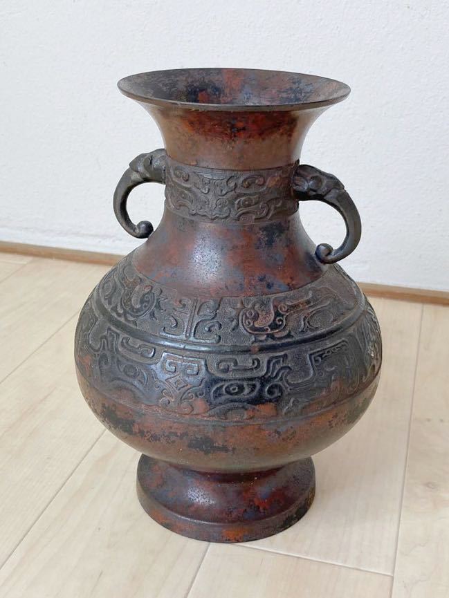【NEW限定品】 (848Y) 銅製　花瓶　高さ約24cm 時代　古美術　印有 重量約2kg 花器