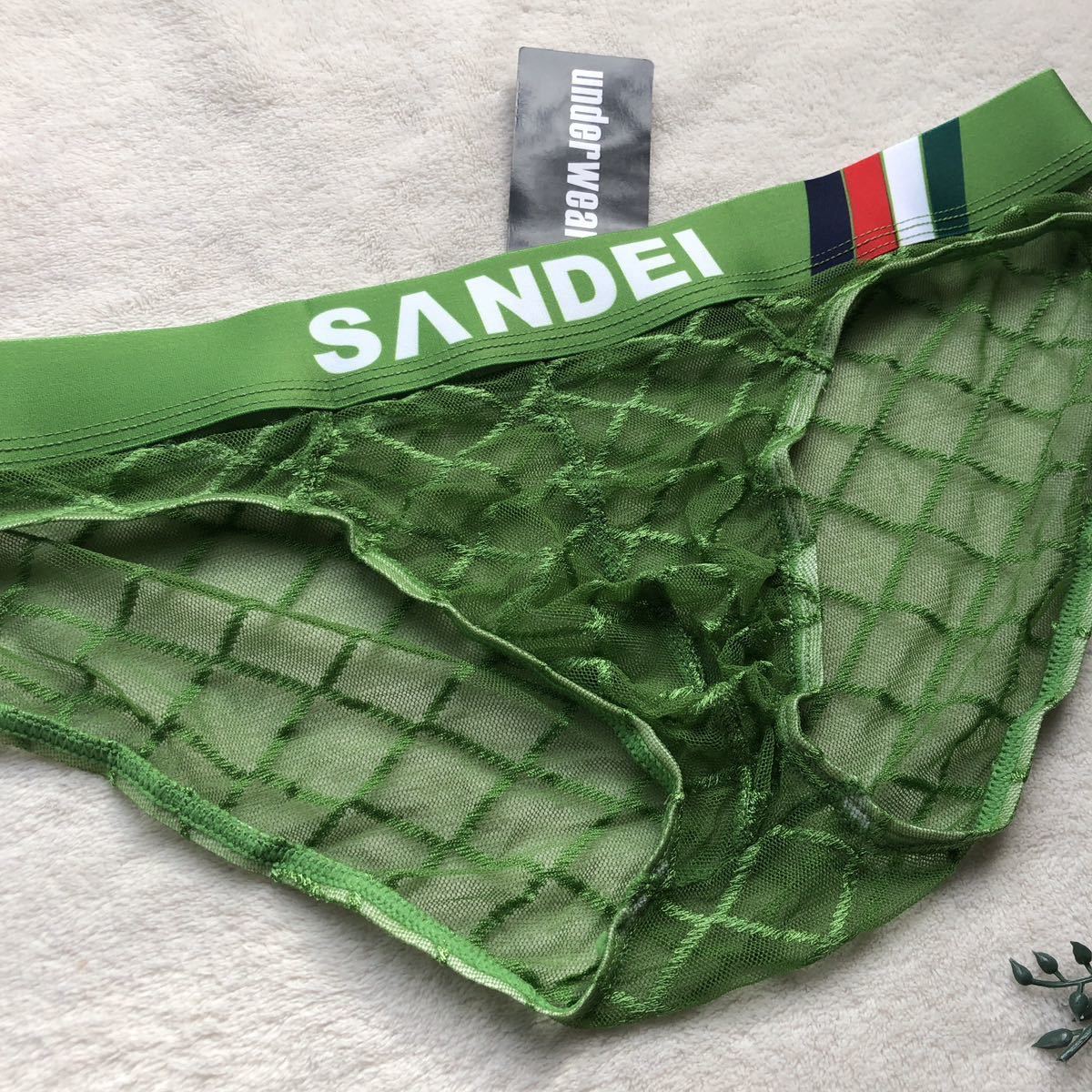 新品 メンズ　XLサイズ　SANDEI グリーン　チェック　レース　sexy シースルー 　ショーツ エロカッコいい ビキニブリーフ_画像2