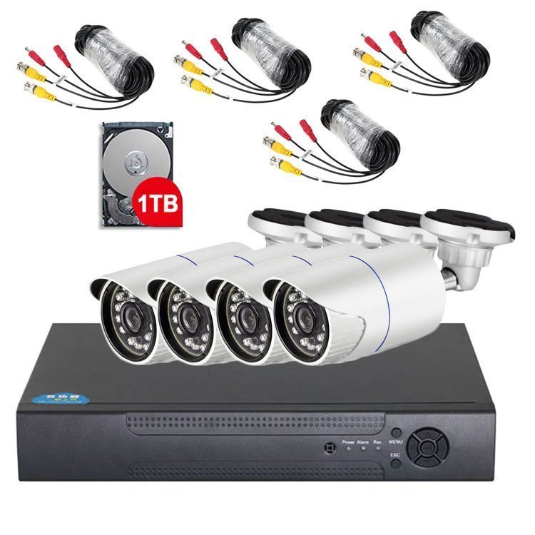 4チャンネルDVRレコーダー+防犯カメラ+HDD（1TB）+延長ケーブル 防犯システムフルセット 屋外屋内兼用 DVR4KIT_画像1