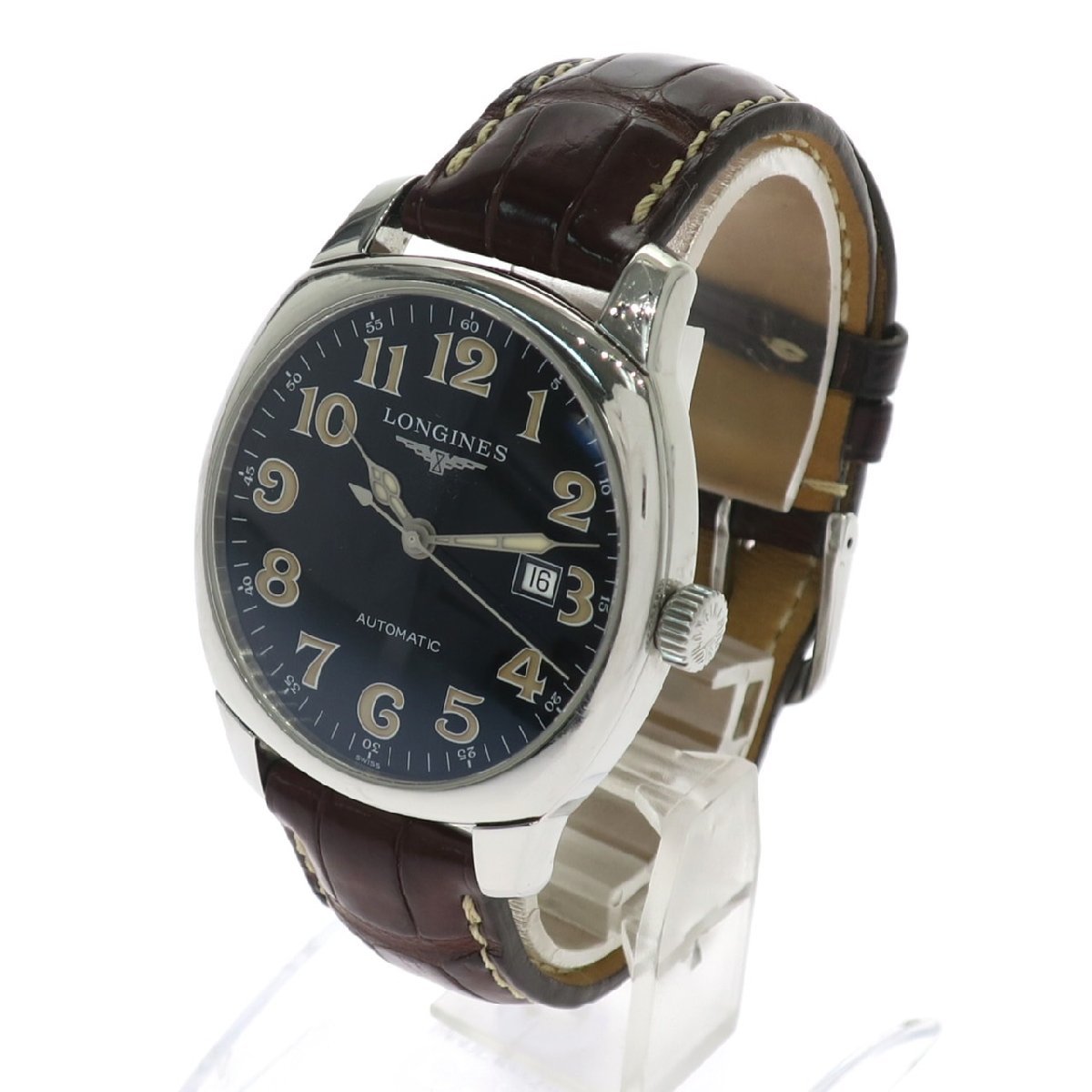 1円スタート 稼働品 LONGINES ロンジン Spirit スピリット L2.700.4 デイト 自動巻き ラウンドフェイス 革ベルト シルバー 黒文字盤 メンズ_画像2