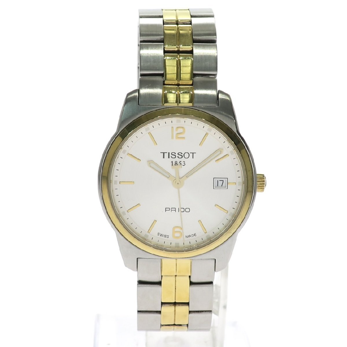 1円スタート 稼働品 TISSOT ティソ PR100 T049410 コンビ デイト クォーツ QZ ラウンドフェイス 3針 純正ベルト シルバー文字盤 メンズ_画像1