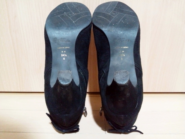 GINZA Kanematsu 銀座かねまつ AQUA BELL アクアベル スエードレザーブーティ ショートブーツ 黒 ブラック インサイドジップ 日本製 24.5cm_画像6