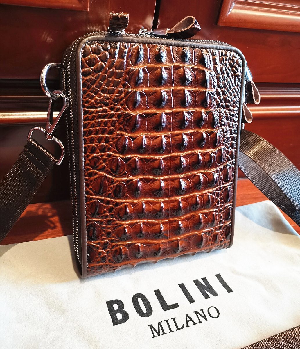 逸品*16万◆イタリア・ミラノ発*BOLINI/ボリニ・最上級牛革・クロコダイル*ショルダーバッグ/リュックサック・茶色_画像6