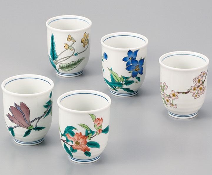 九谷焼！ ☆草花絵変り・五客湯呑☆ AP7-529 新品 汲出 煎茶 茶器 ティーポット 急須 茶器 ギフト_画像2