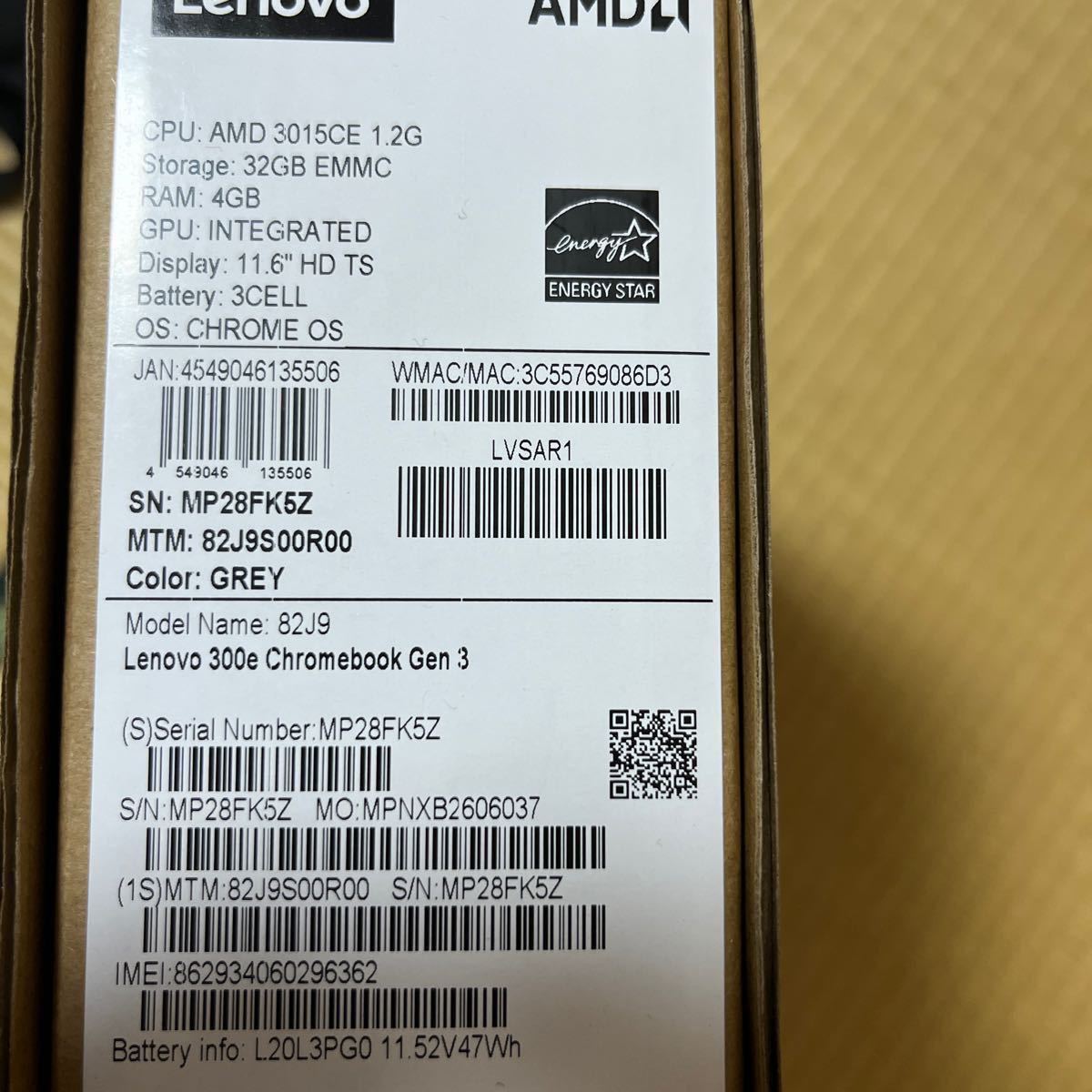 未開封新品 Lenovo (レノボジャパン) Lenovo 300e Chromebook Gen3 82J9S00R00 ダークグレー 〔352-ud〕_画像2