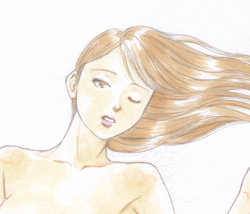 vivi 手描きイラスト「Venus228」女の子 美少女　美人画　ロングヘア　眠る　寝転ぶ　美女　人物画 裸婦 裸身 鉛筆画 直筆 原画 A4サイズ_画像1