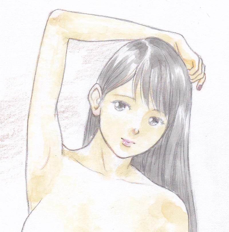 vivi 手描きイラスト「Venus227」女の子 美少女　美人画　ロングヘア　セクシーポーズ　人物画 裸婦 裸身 鉛筆画 直筆 原画 A4サイズ_画像1