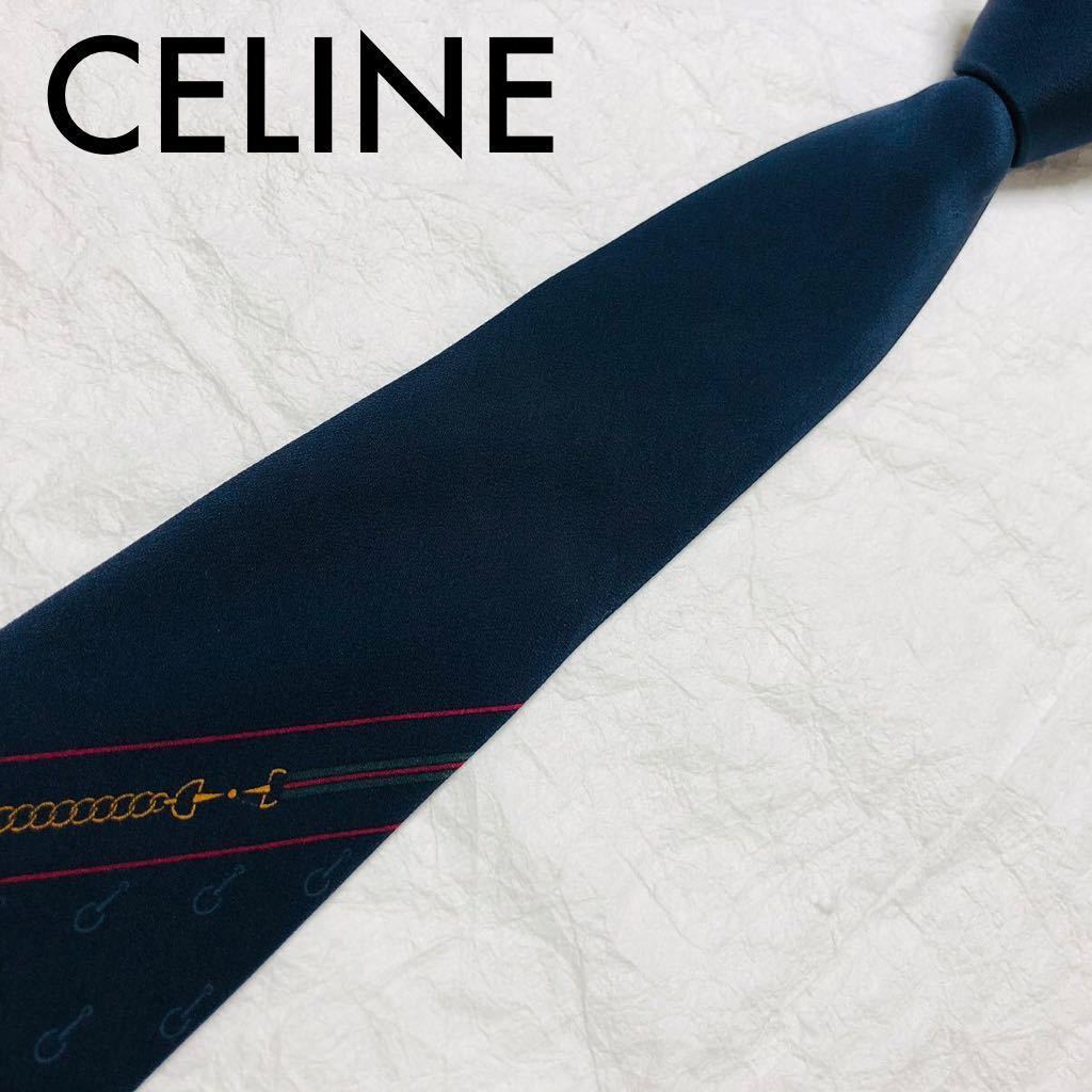 # beautiful goods #CELINE Celine necktie Trio mf metal fittings total pattern hose bit chain silk 100% Italy made navy 