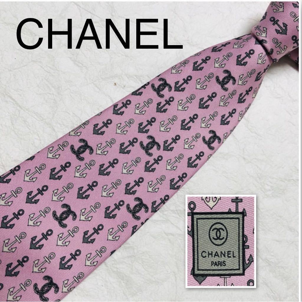 美品 CHANEL シャネル ネクタイ ココマーク 錨 イカリ 総柄 美品 CHANEL シャネル ネクタイ ココマーク 錨 イカリ 総柄