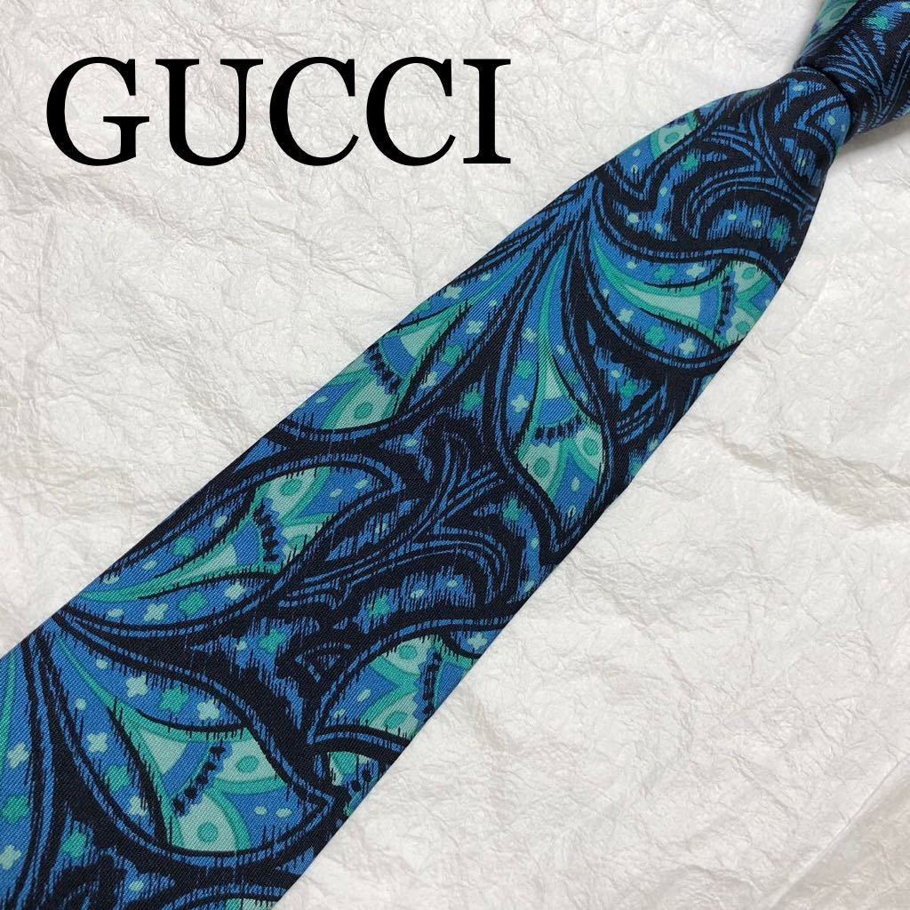 ■美品■GUCCI グッチ　ネクタイ　花柄　フラワー　シルク100% イタリア製　ブルー×グリーン