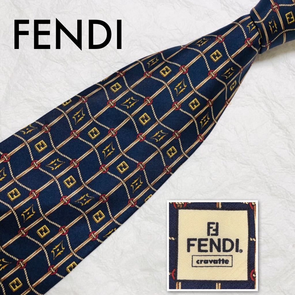 【極美品】FENDI フェンディ ネクタイ ネイビー FF柄 格子柄 高級 光沢 □美品□FENDI フェンディ ネクタイ FF柄 金具 ロープ 柱 格子