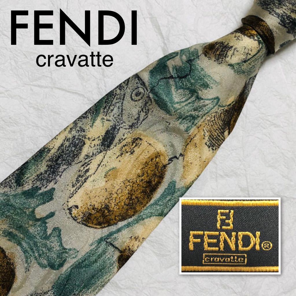 ■美品■FENDI cravatte フェンディ　ネクタイ　魚と岩場　水彩画風　シルク100% イタリア製　マルチカラー_画像1