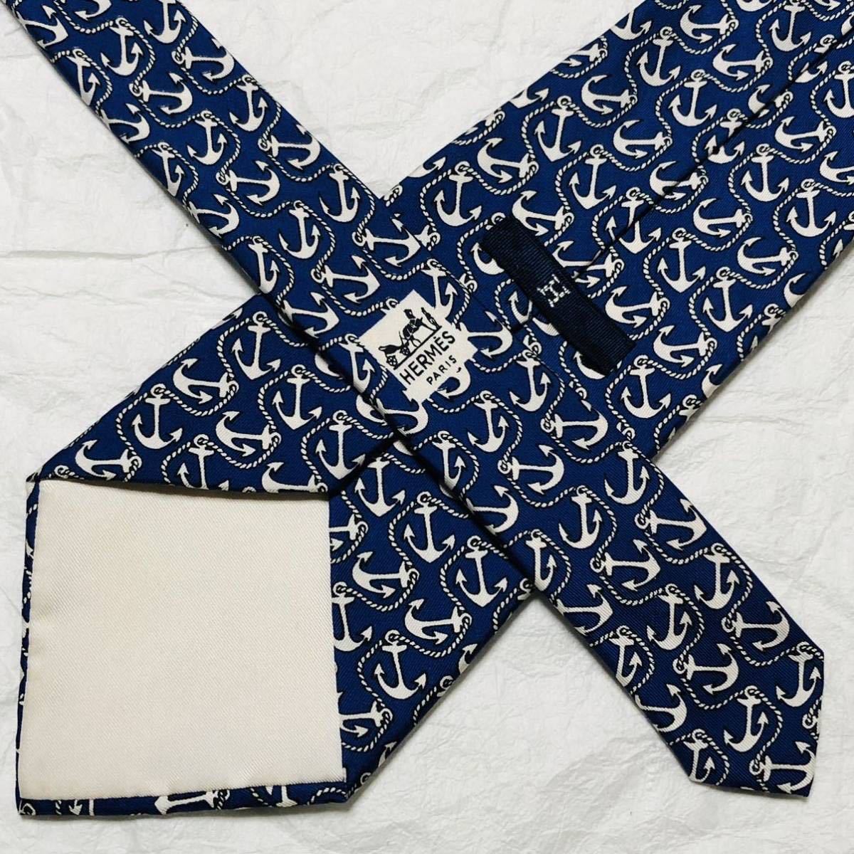 美品 HERMES エルメス ネクタイ 錨 イカリ 総柄 シルク100 美品 HERMES エルメス ネクタイ 錨 イカリ 総柄 シルク100