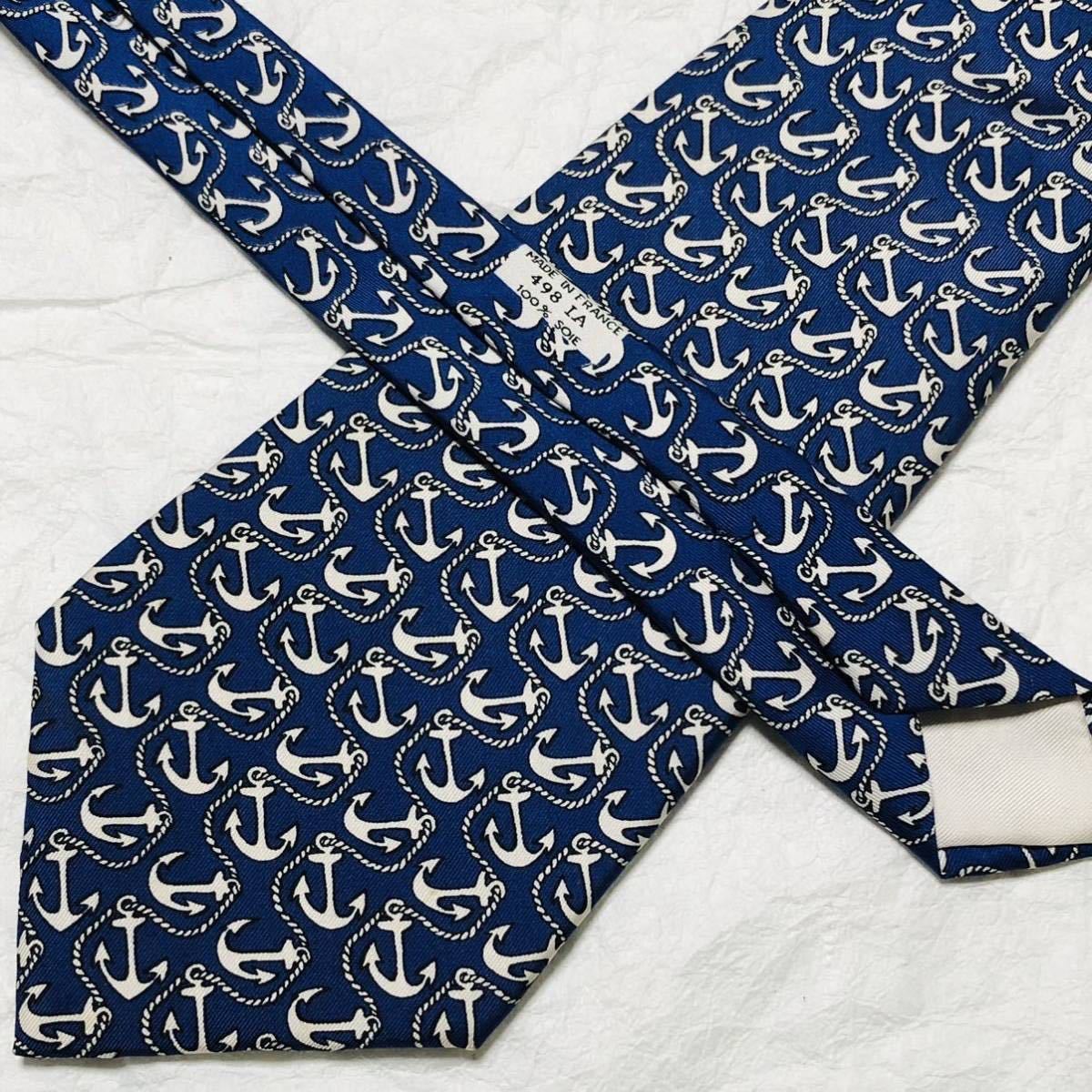 美品 HERMES エルメス ネクタイ 錨 イカリ 総柄 シルク100 美品 HERMES エルメス ネクタイ 錨 イカリ 総柄 シルク100