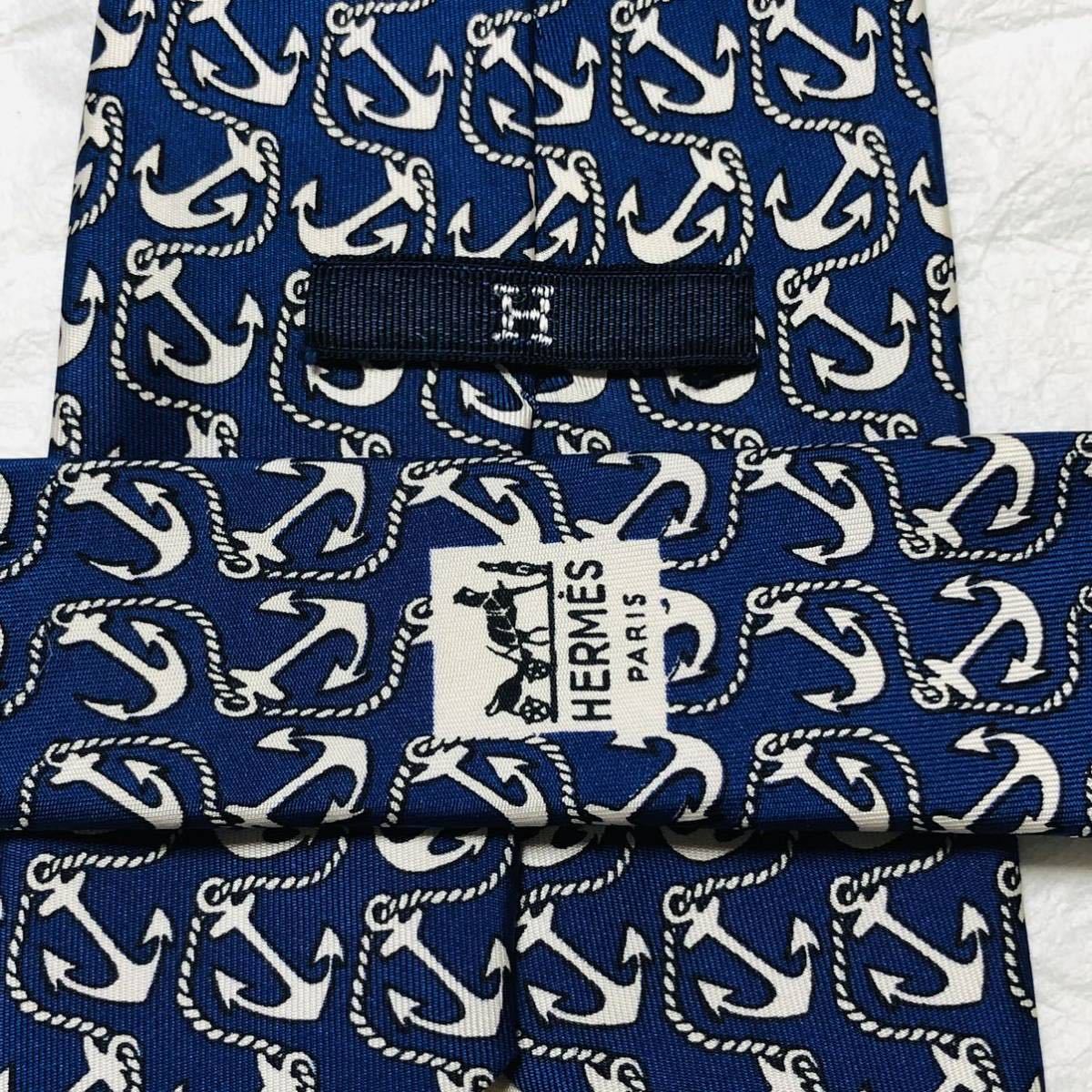 美品 HERMES エルメス ネクタイ 錨 イカリ 総柄 シルク100 美品 HERMES エルメス ネクタイ 錨 イカリ 総柄 シルク100