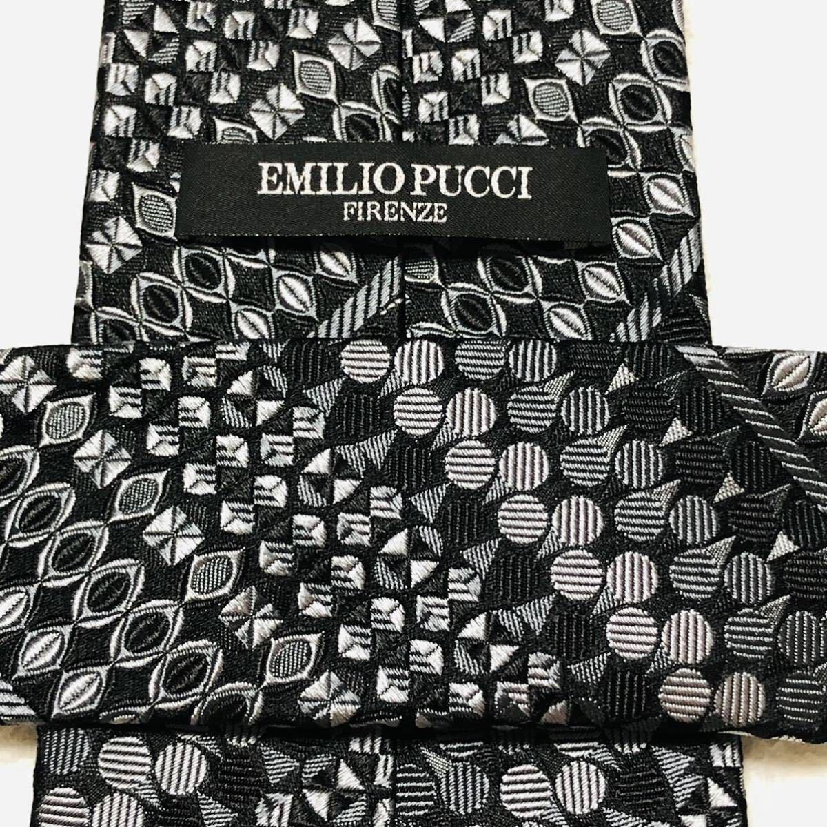 ■美品■EMILIO PUCCI エミリオプッチ　ネクタイ　様々な図形　レジメンタルストライプ　シルク100% イタリア製　ブラック×シルバー_画像6