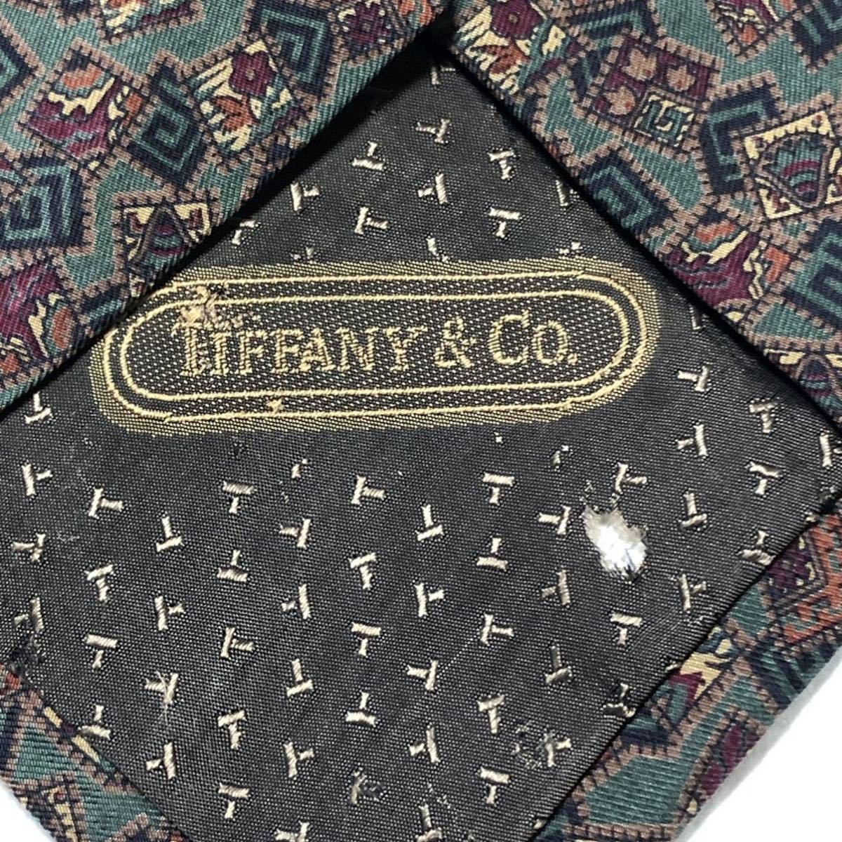 TIFFANY＆Co. ティファニー ネクタイ　カード　総柄　シルク100% イタリア製　グリーン×ブラウン×エンジ_画像7