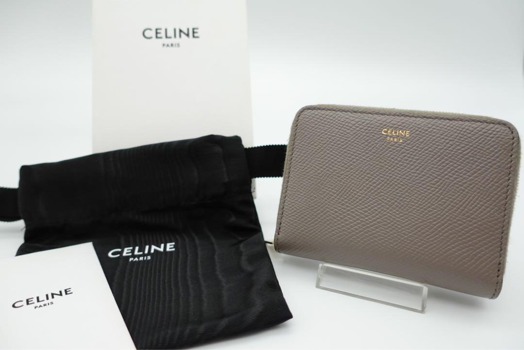 【箱・保存袋付】美品！ セリーヌ CELINE 財布 グレージュ 二つ折り財布 ゴールド金具 コンパクト ジップド ウォレット ミニ財布_画像1