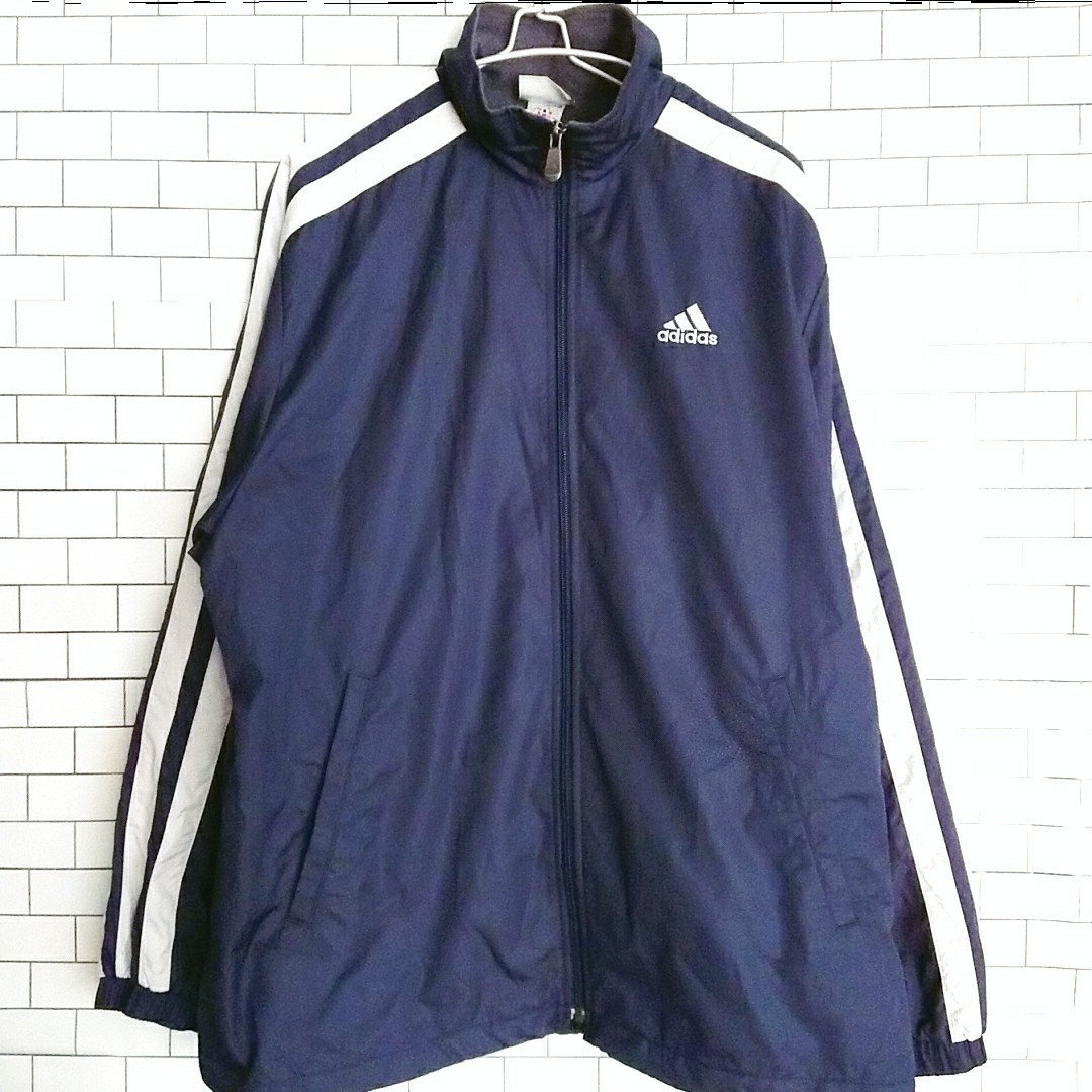 adidas ナイロンジャケット シャカシャカ ユニセックス XL ネイビー レトロ感_画像2